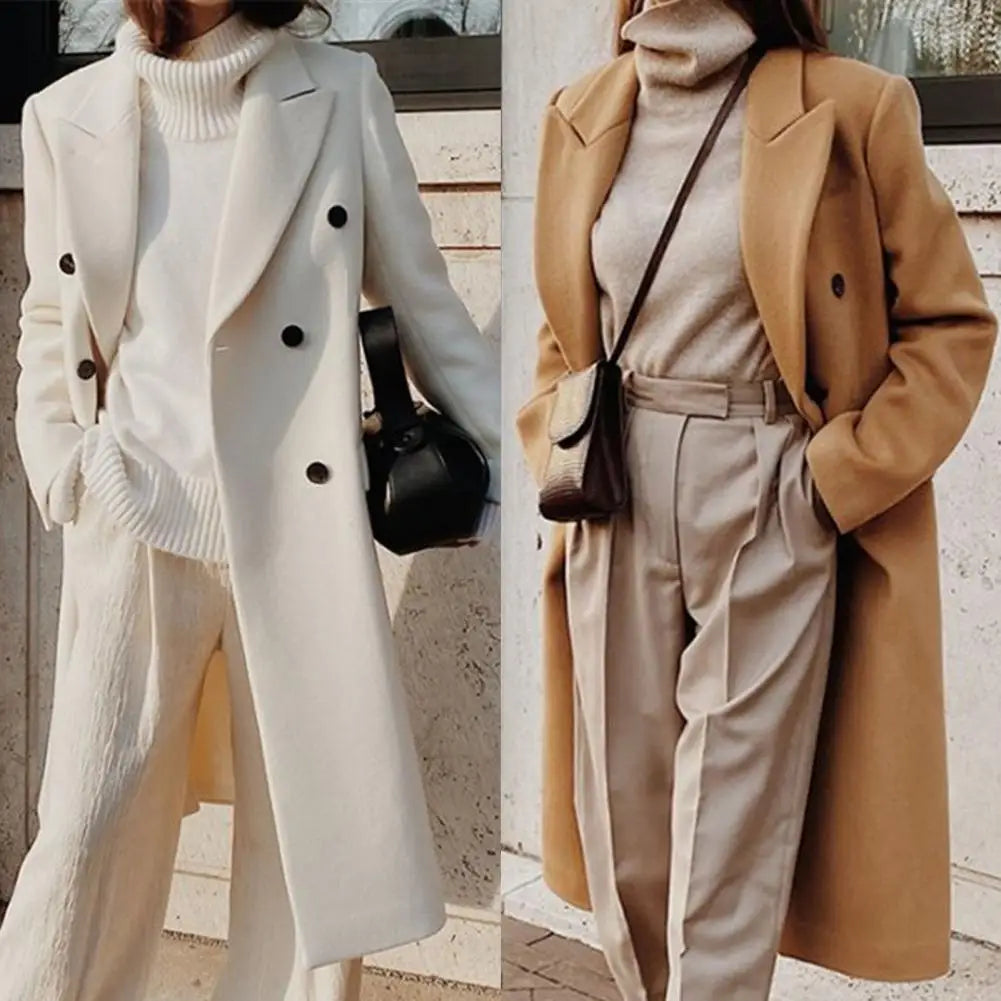 Women's Khaki Double-Breasted Long Coat for Fall and Winter