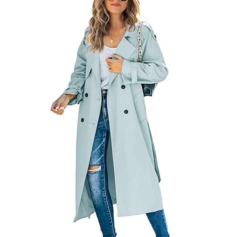 Women's Light Blue Double Breasted Long Coat for Fall and Winter Light Blue