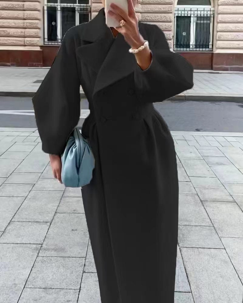 Women's Green Double-Breasted Long Coat for Fall and Winter Black