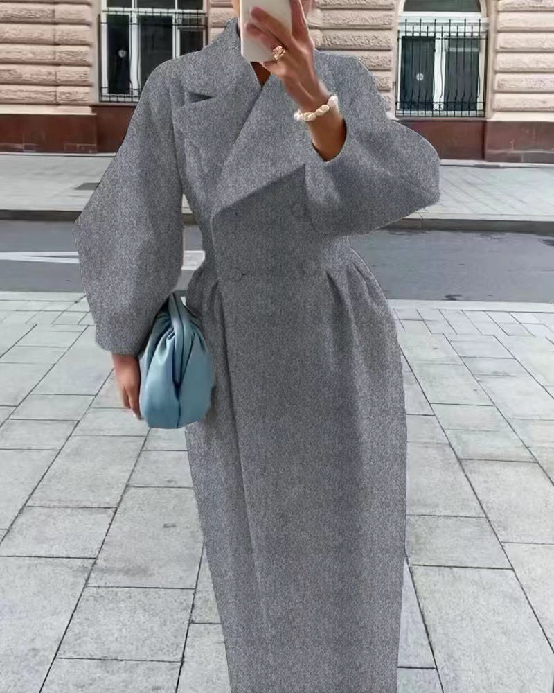 Women's Green Double-Breasted Long Coat for Fall and Winter Gray
