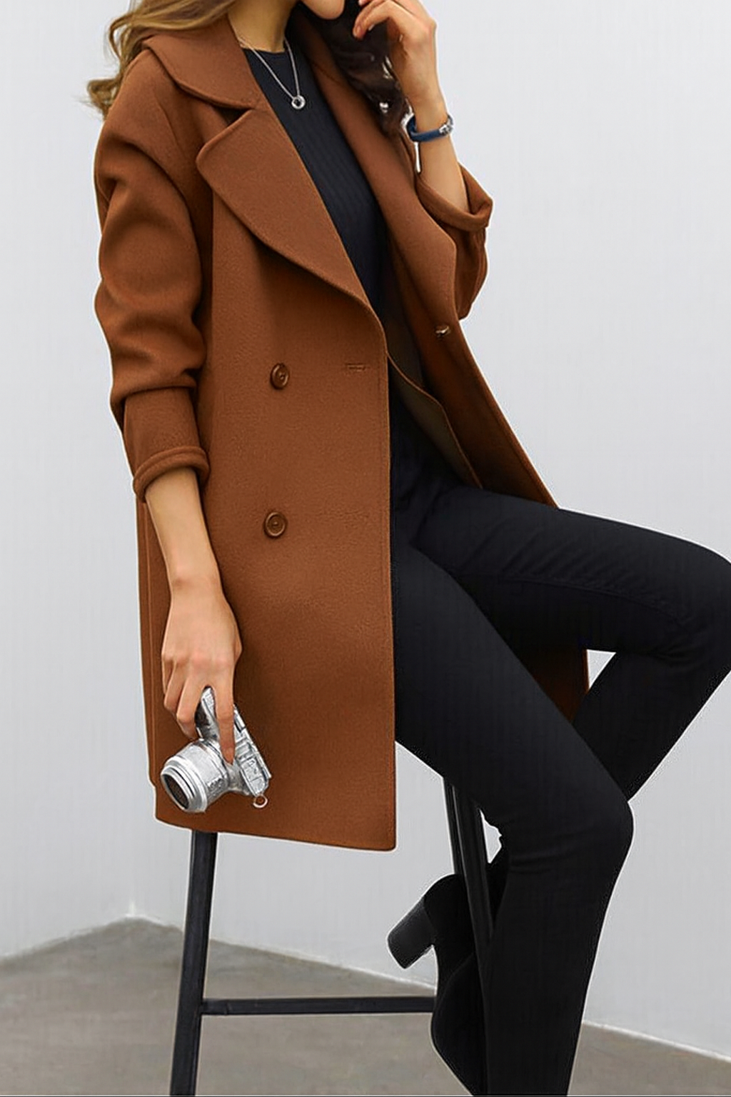 Women's Double Breasted Mid-Length Coat for Daily Use Warm Brown