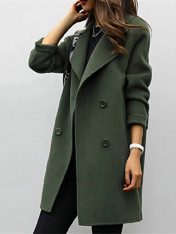 Women's Double Breasted Mid-Length Coat for Daily Use Warm Army Green