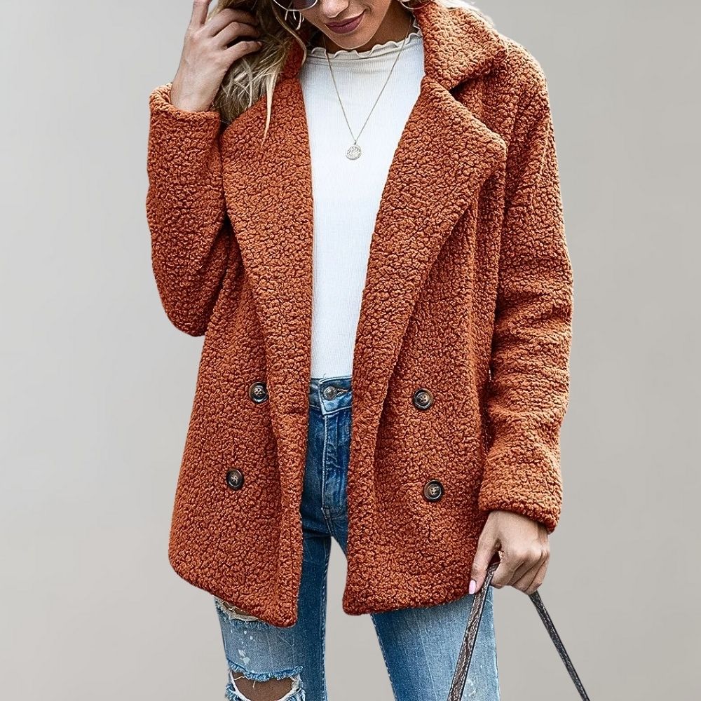 Women's Caramel Double-Breasted Relaxed Fit Jacket for Everyday Wear Caramel
