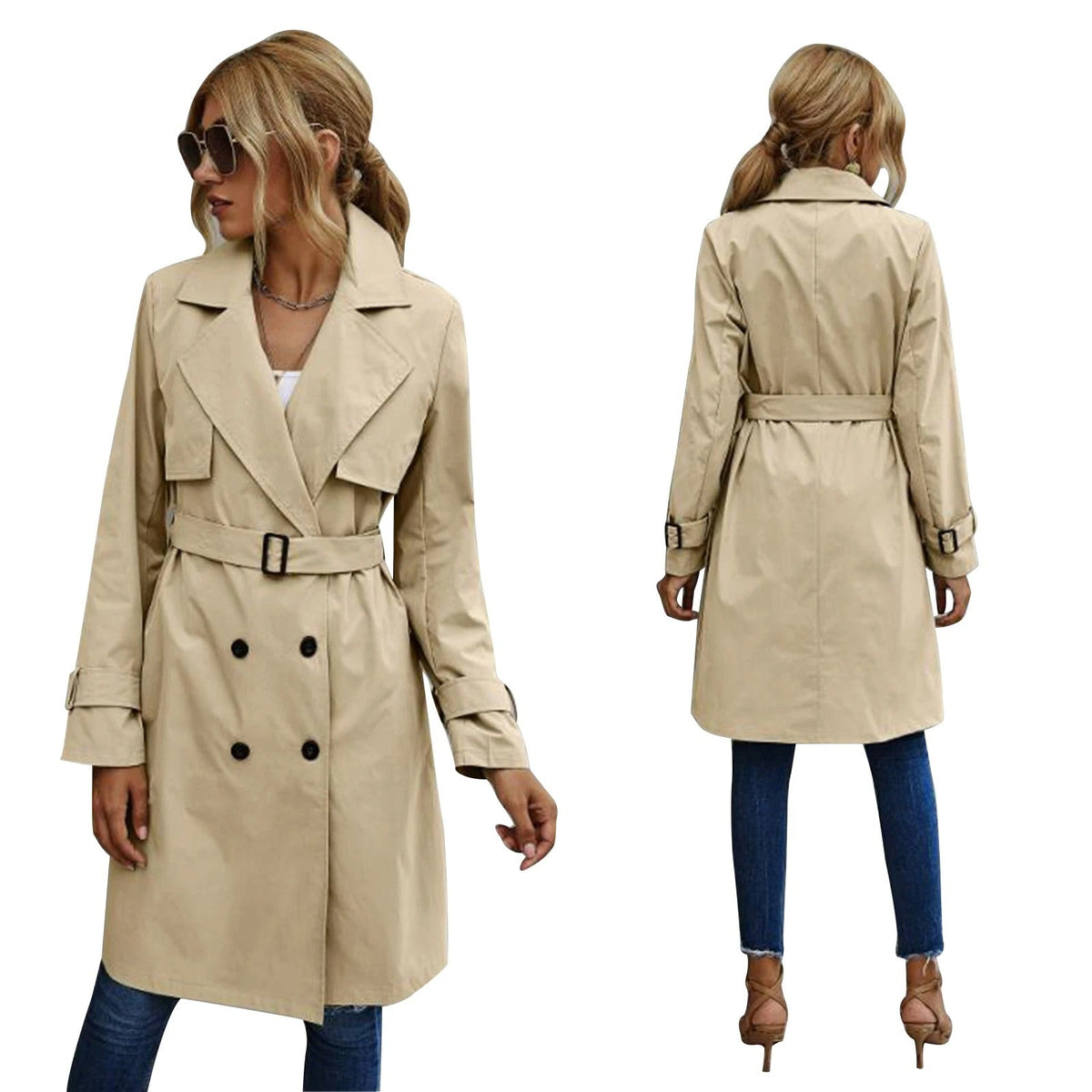 Women's Green Double-Breasted Stylish Coat for Fall and Winter Khaki
