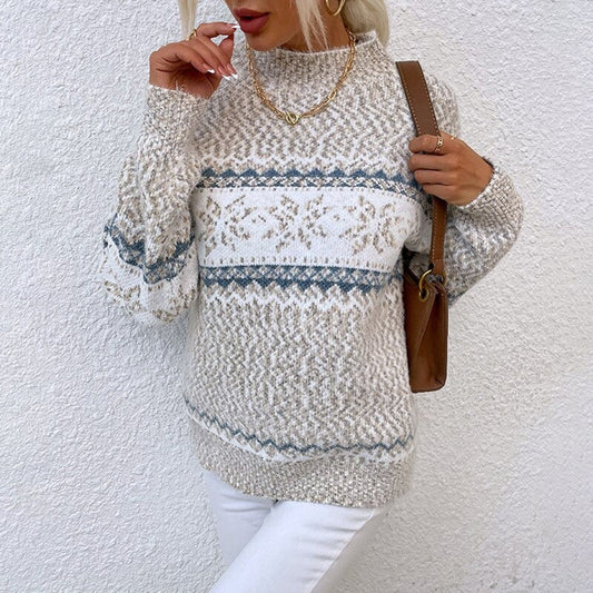 Women's Fair Isle Crew Neck Long Sleeve Sweater for Daily Use Beige