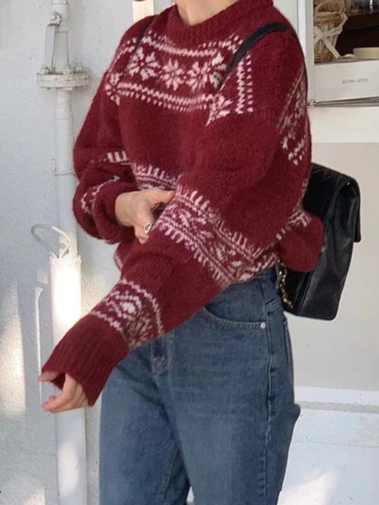 Women's Fair Isle Crewneck Knit Sweater for Daily Use Warm
