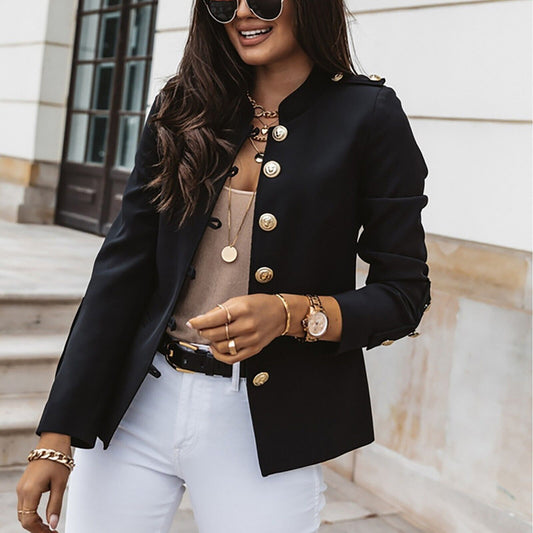Women's Fitted Button Front Military Jacket for Daily Use Black