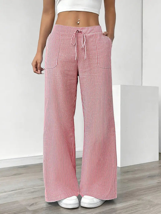 Women's High-Waisted Striped Wide Leg Trousers for Daily Use Pink
