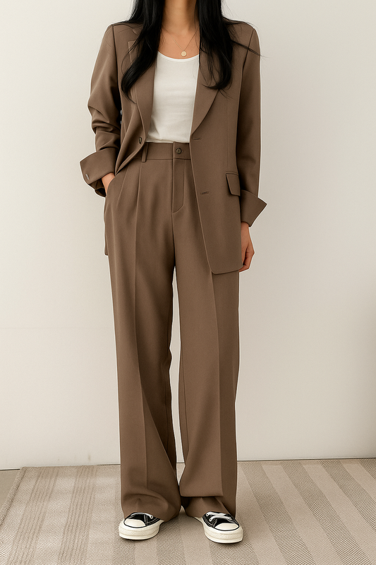 Women's High-Waisted Wide-Leg Pant Set for Daily Use Warm Brown