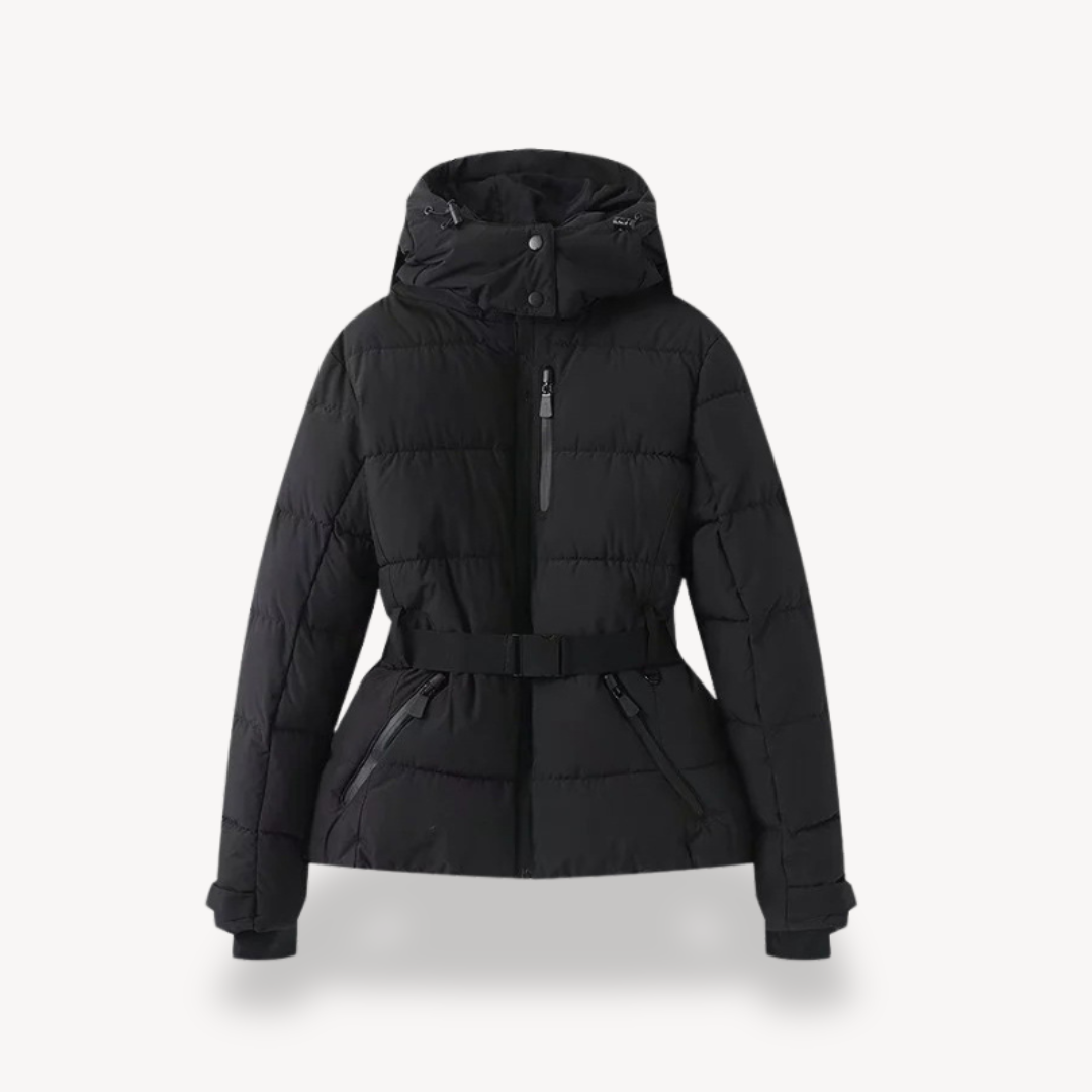 Women's Hooded Belted Puffer Jacket for Fall and Winter Everyday Wear Black