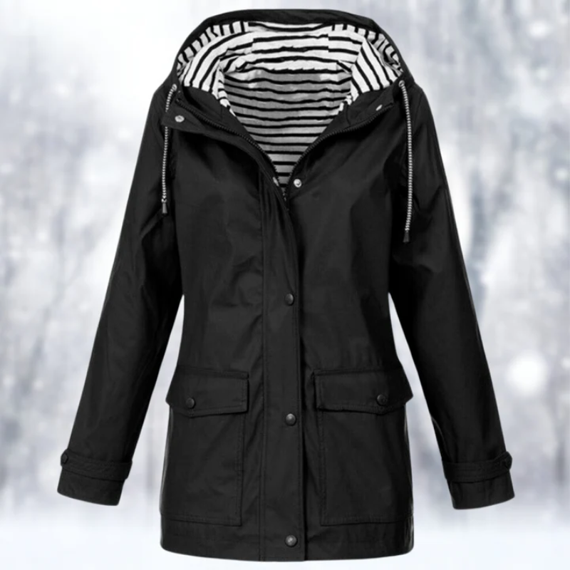 Women's Hooded Button-Front Waterproof Raincoat for Daily Use Black