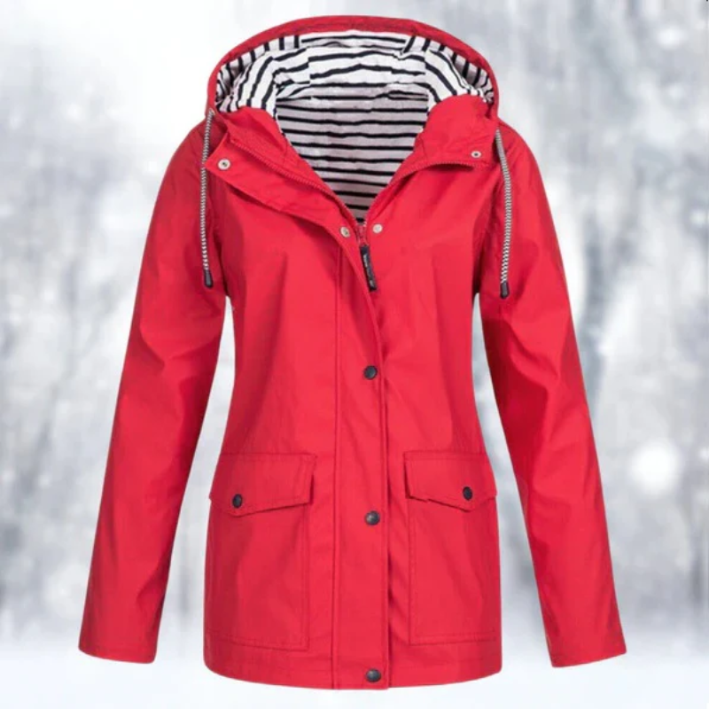 Women's Hooded Button-Front Waterproof Raincoat for Daily Use Red