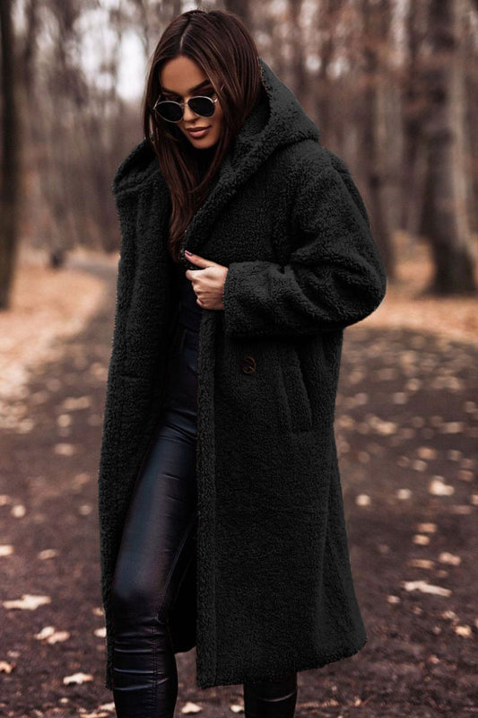 Women's Hooded Teddy Coat in Ruby Color for Daily Use Warm Black