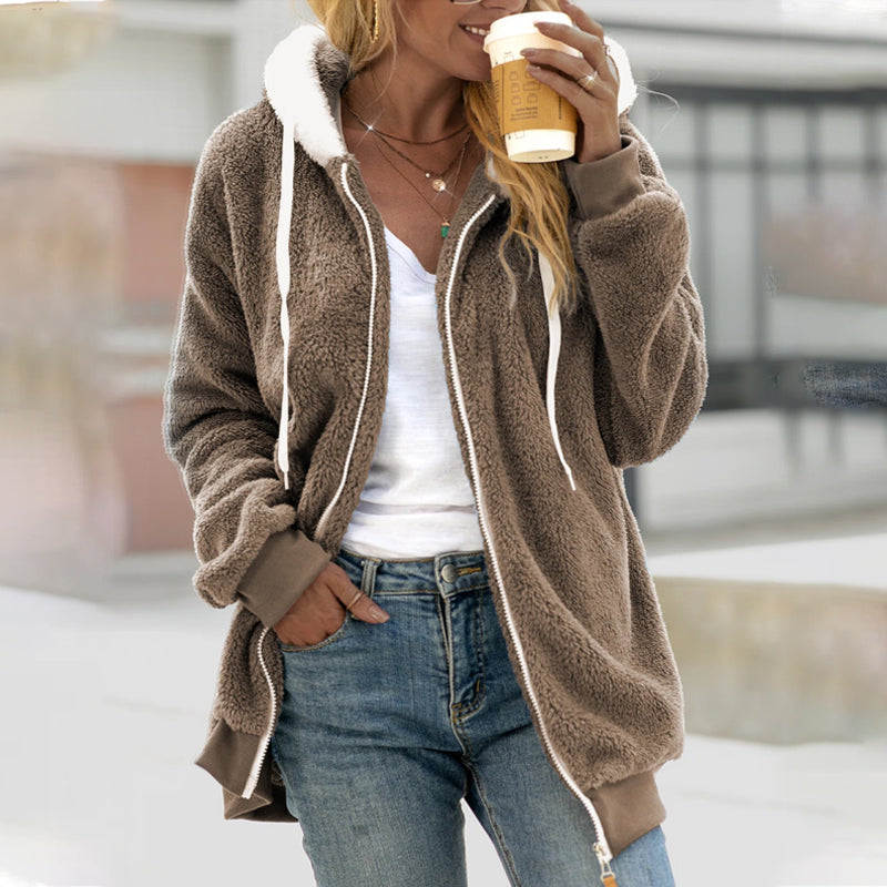 Women's Hooded Zip-Up Longline Jacket for Daily Use Warm Beige