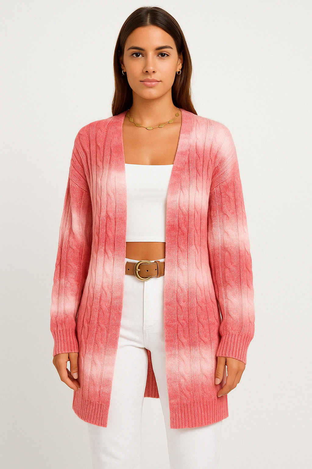 Women's Long Cable Knit Cardigan for Fall and Winter Everyday Wear Pink