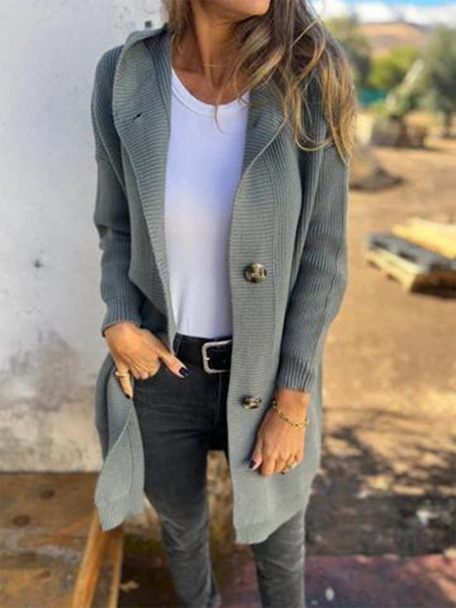 Women's Apricot Long Hooded Cardigan for Fall and Winter Everyday Wear Dark Gray