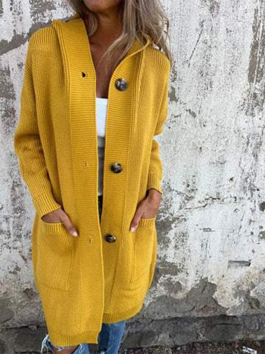 Women's Apricot Long Hooded Cardigan for Fall and Winter Everyday Wear Yellow