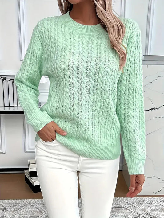 Women's Long Sleeve Cable Knit Sweater for Daily Use Warm Light Green