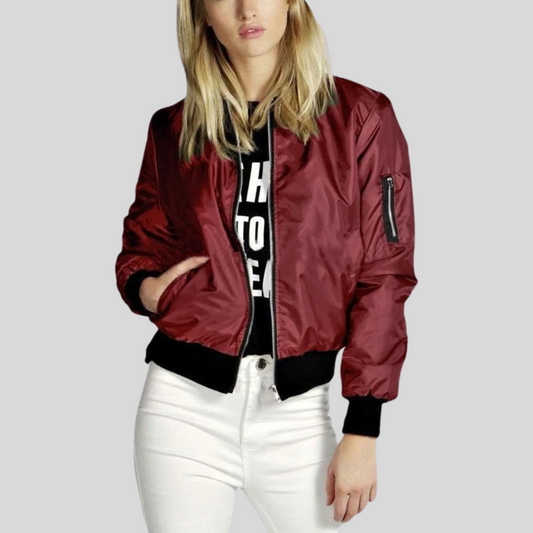 Women's Long Sleeve Casual Bomber Jacket for Daily Use Warm Red