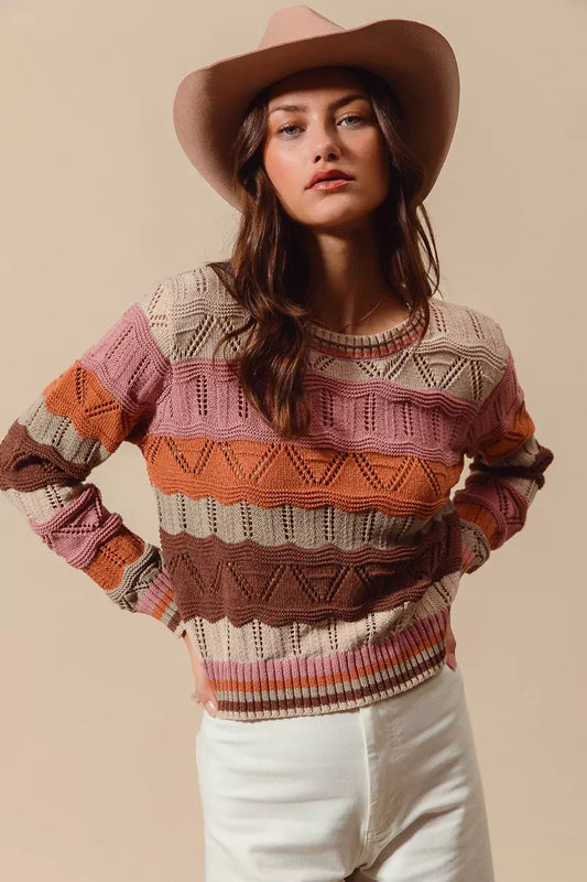 Women's Long Sleeve Striped Knit Sweater for Daily Use Warm