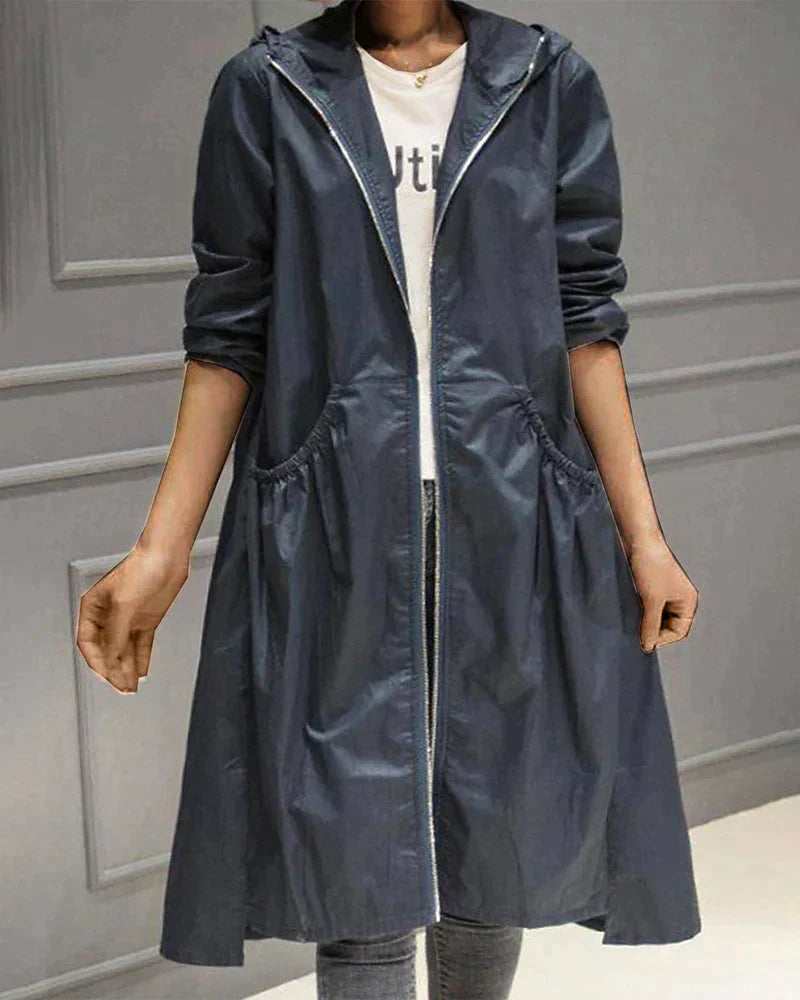 Women's Multi-Color Longline Hooded Jacket for Fall and Winter Dunkelblau