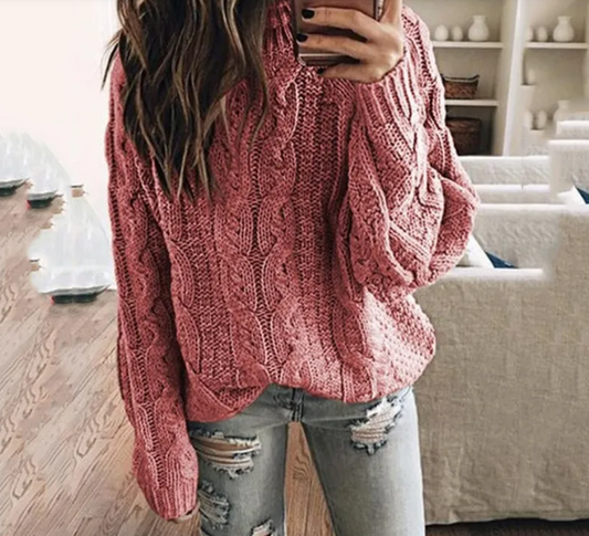 Women's Off the Shoulder Cable Knit Sweater for Daily Use Light Red