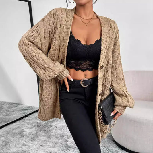 Women's Khaki Oversized Cable Knit Cardigan for Daily Use Warm