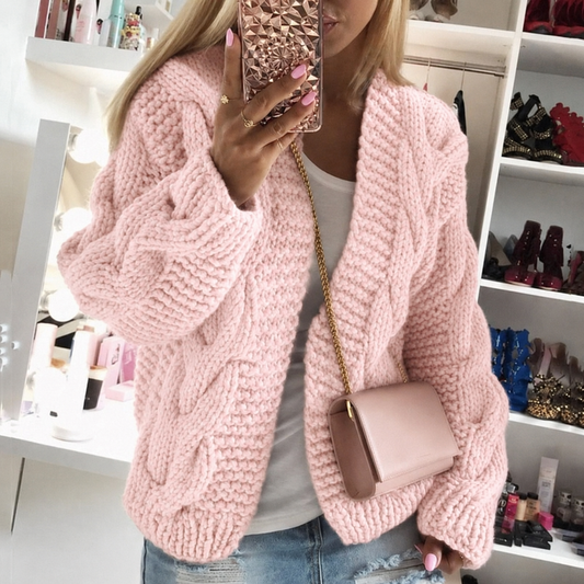 Women's Multi-Color Oversized Cable Knit Cardigan for Daily Use Warm Pink