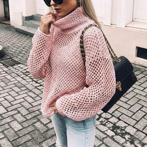 Women's Oversized Chunky Knit Turtleneck Sweater for Daily Use Pink