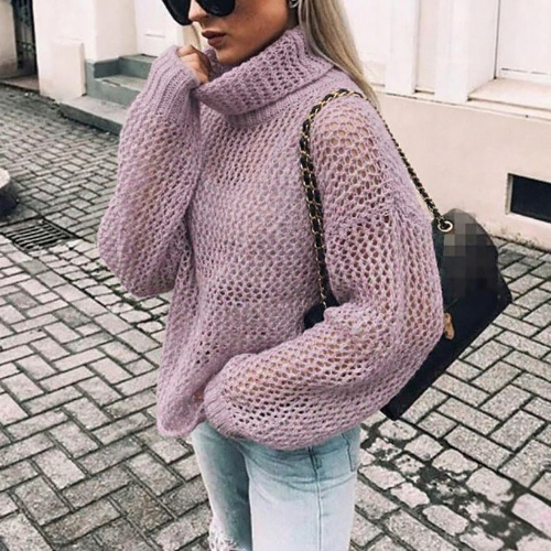 Women's Oversized Chunky Knit Turtleneck Sweater for Daily Use Purple