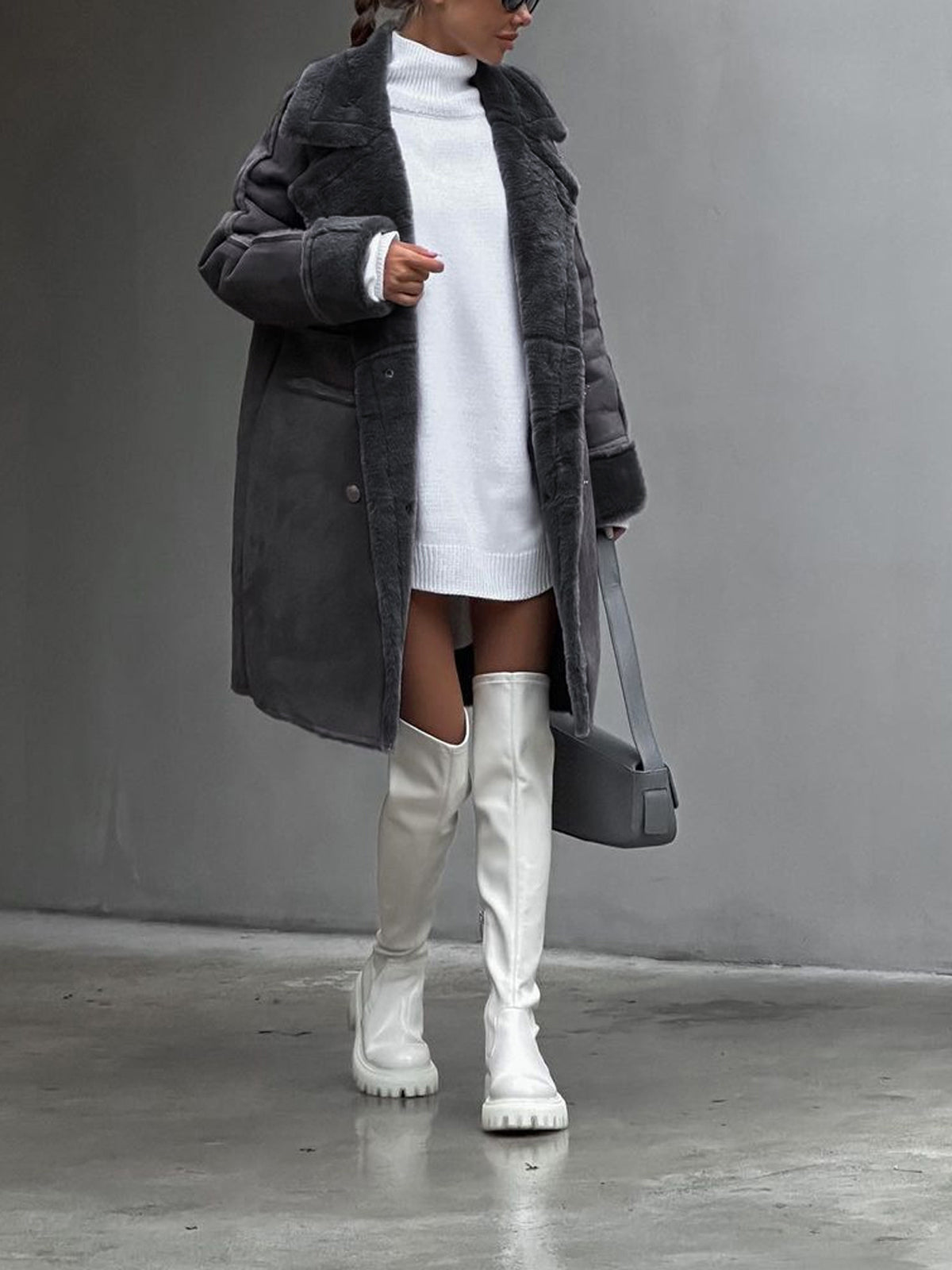 Women's Oversized Shearling Long Coat for Daily Use Warm Gray