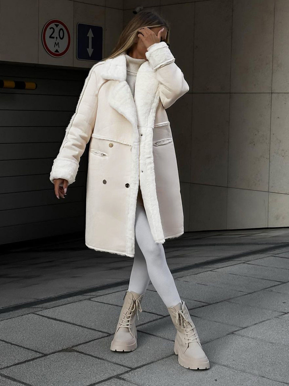 Women's Oversized Shearling Long Coat for Daily Use Warm White