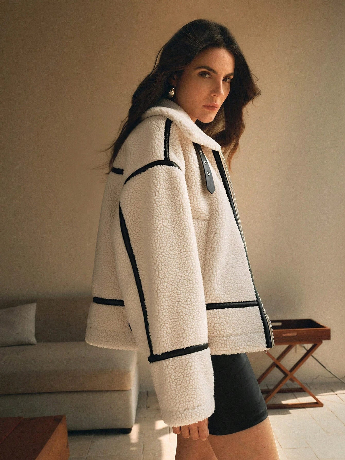 Women's Oversized Sherpa Jacket with Zipper for Daily Use