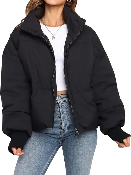 Women's Oversized Short Puffer Jacket for Daily Use Warm Black