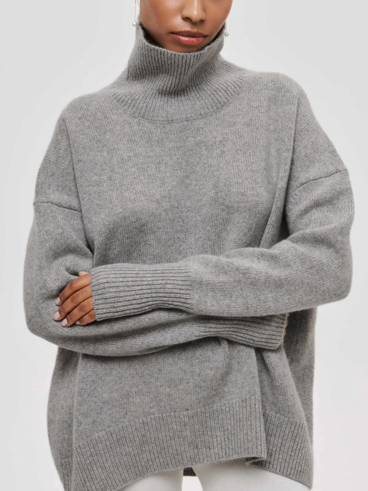 Women's Multi-Color Ribbed Oversized Turtleneck Knit Sweater Grey