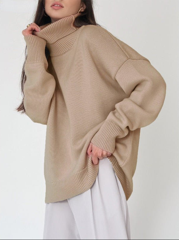 Women's Light Gray Oversized Turtleneck Knit Sweater for Everyday Wear