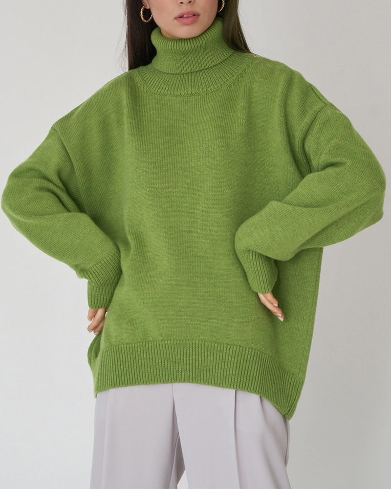 Women's Light Gray Oversized Turtleneck Knit Sweater for Everyday Wear Green