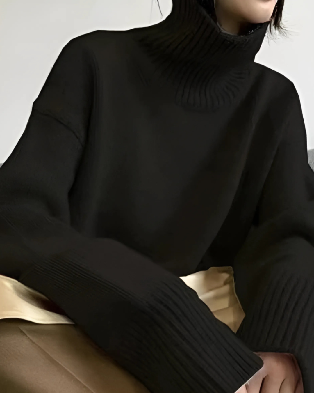 Women's Multi-Color Ribbed Oversized Turtleneck Sweater Black