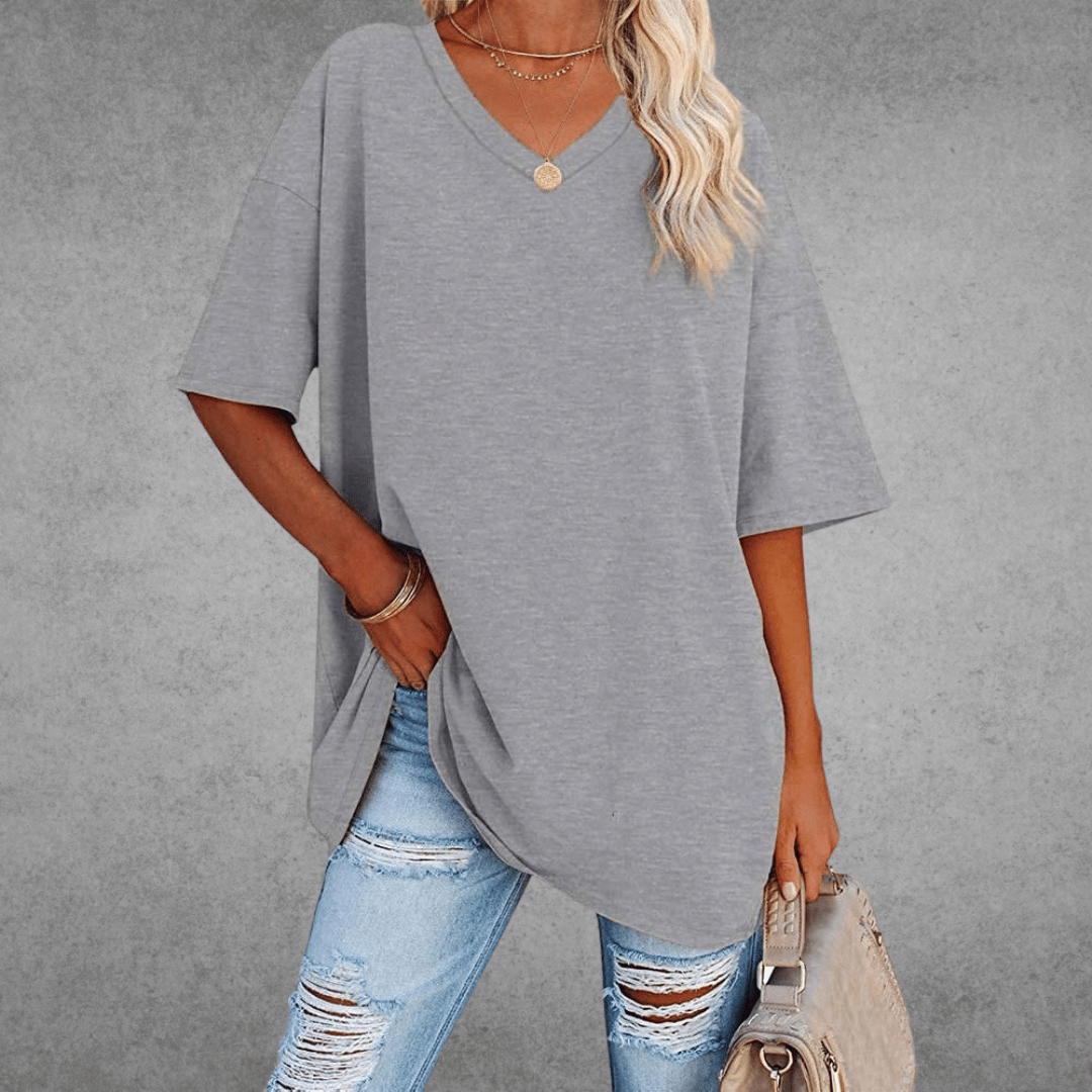 Women's Oversized V-Neck T-Shirt for Fall and Winter Everyday Wear Light Gray