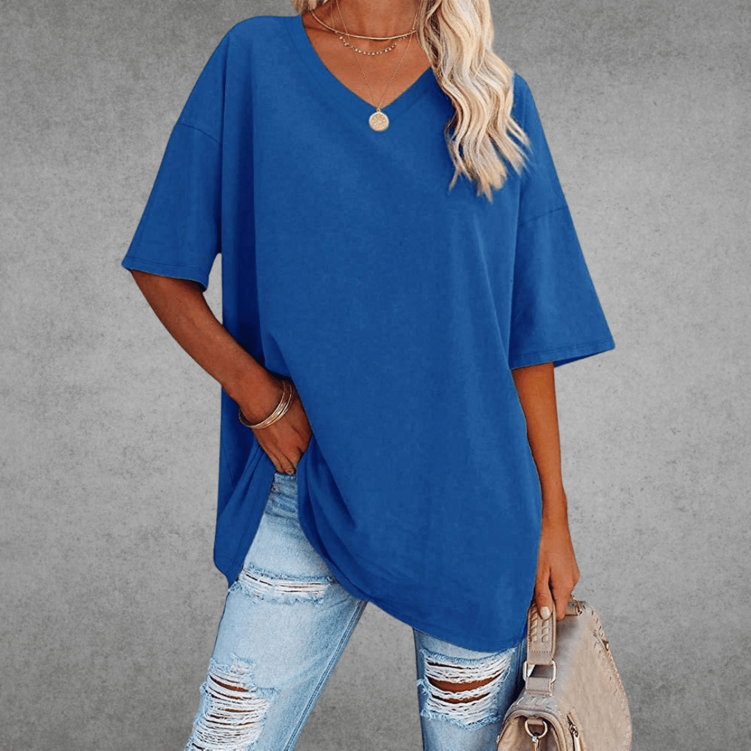 Women's Oversized V-Neck T-Shirt for Fall and Winter Everyday Wear Blue