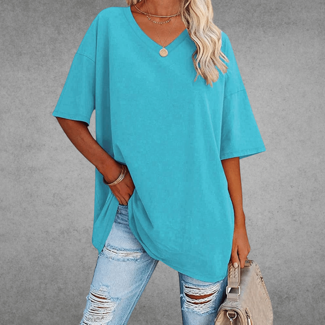 Women's Oversized V-Neck T-Shirt for Fall and Winter Everyday Wear Light Blue