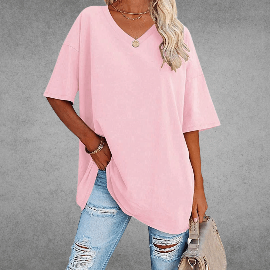 Women's Oversized V-Neck T-Shirt for Fall and Winter Everyday Wear Pink