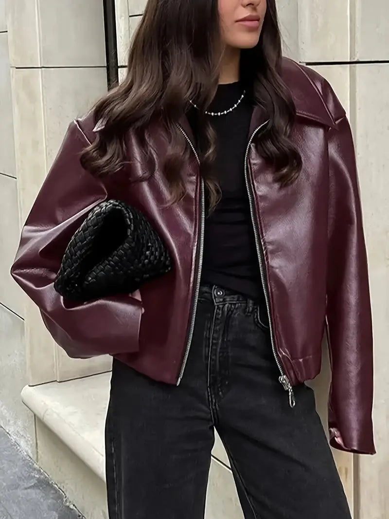 Women's Relaxed Fit Bomber Jacket for Fall and Winter Everyday Wear Burgundy