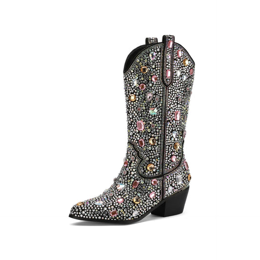 Women's Rhinestone Mid Calf Cowboy Boots with Slip-on for Daily Use Black