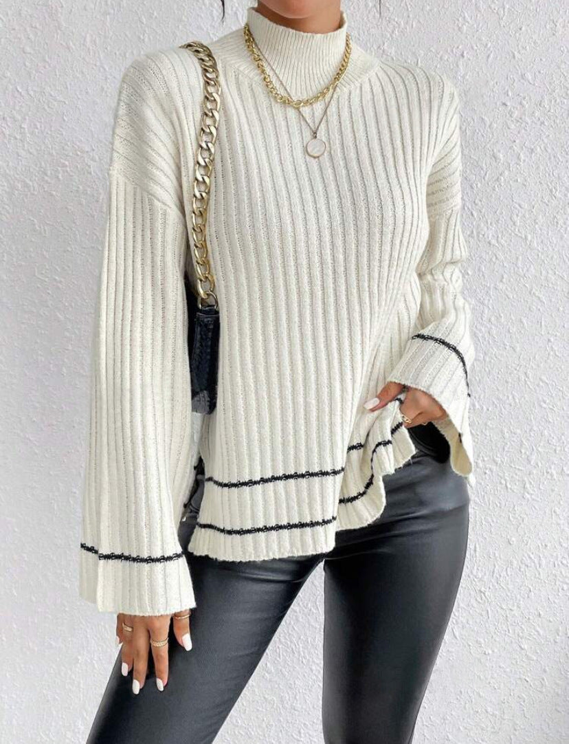 Women's Ribbed Long Tunic Sweater for Fall and Winter Everyday Wear White