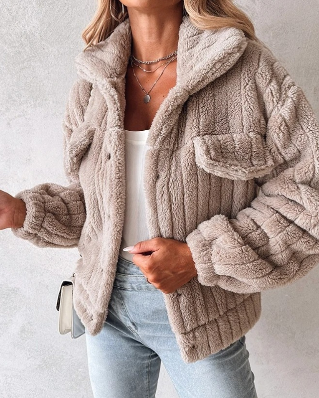 Women's Sherpa Collared Jacket for Fall and Winter Everyday Wear Khaki
