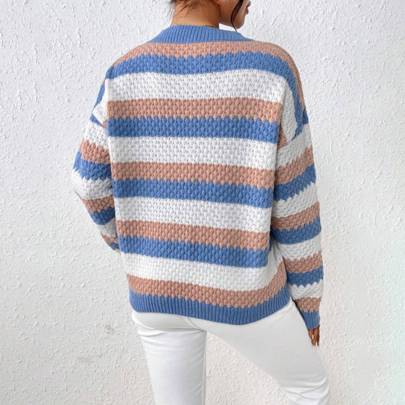 Women's Blue Striped Crew Neck Sweater for Fall and Winter