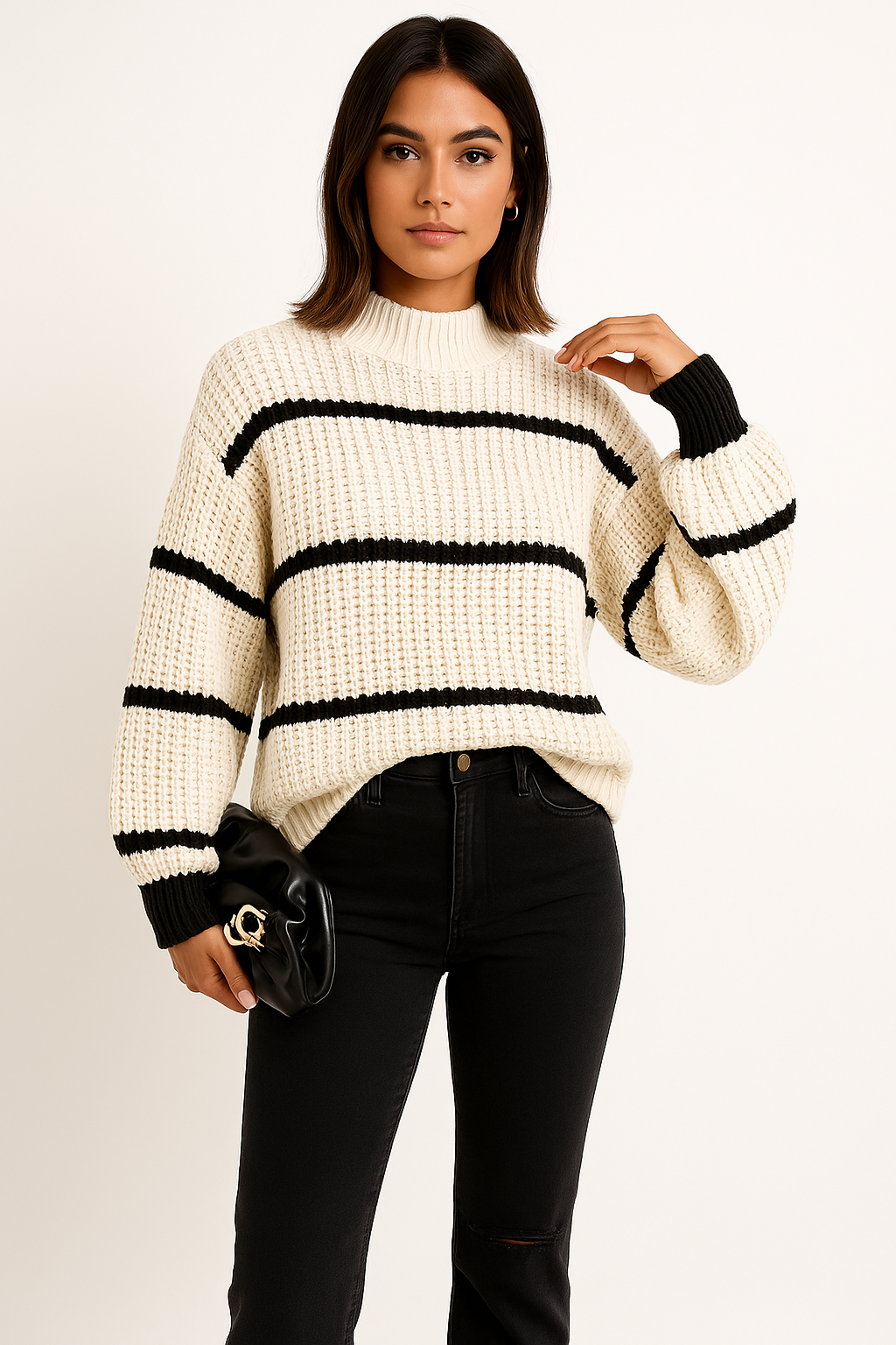 Women's White Striped Crew Neck Sweater for Fall and Winter White