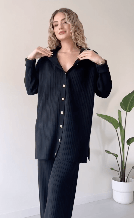 Women's Striped Knit Two-Piece Outfit for Daily Use Warm Black