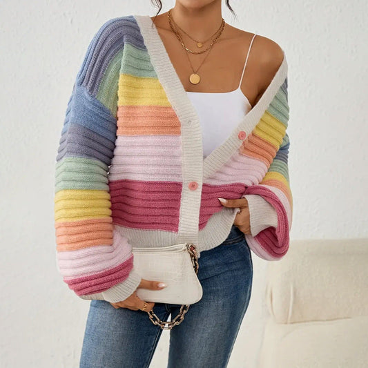 Women's Striped V-Neck Cardigan for Fall and Winter Everyday Wear